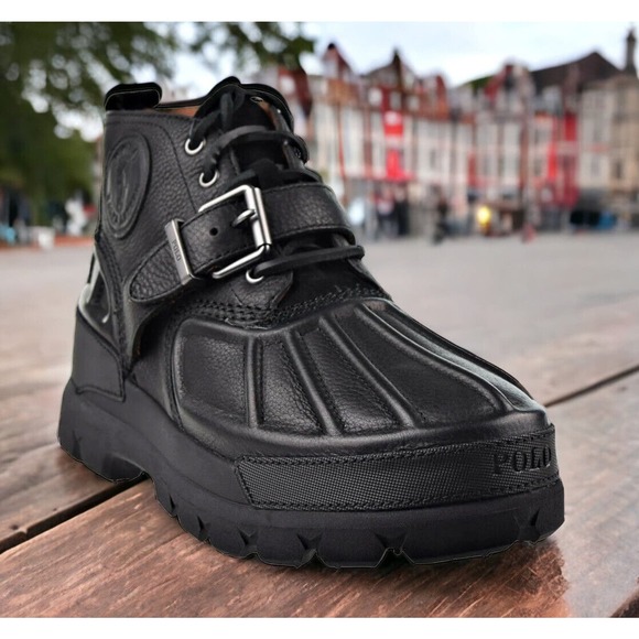 Polo Ralph Lauren Black Oslo Low RRL Leather Nylon Boots Mens 8 New Fast Ship